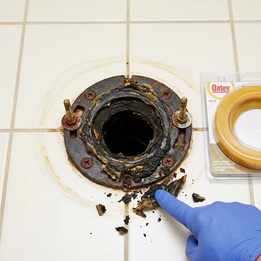 Failed wax ring showing water seepage at the base of a toilet in a Oak Hill, FL home