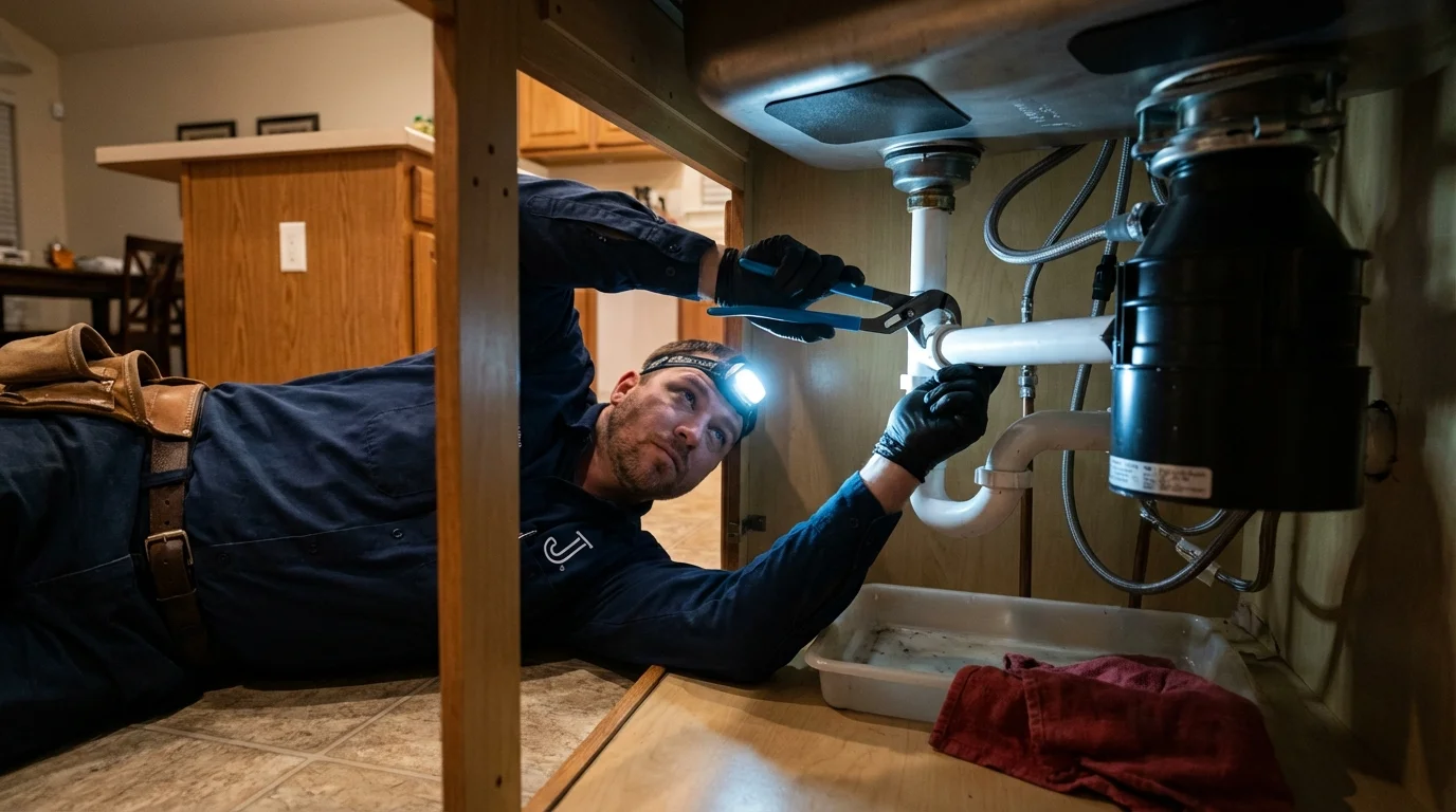 P-trap and supply line connections under a kitchen sink showing a common leak point in Oak Hill, FL